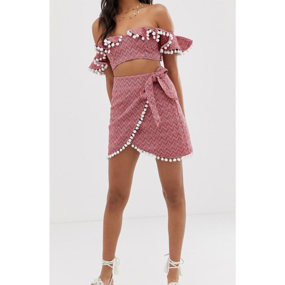 Asos Design Swim Red Jacquard Pom Pom Frill Beach Co-Ord Top & Skirt Set Size 6